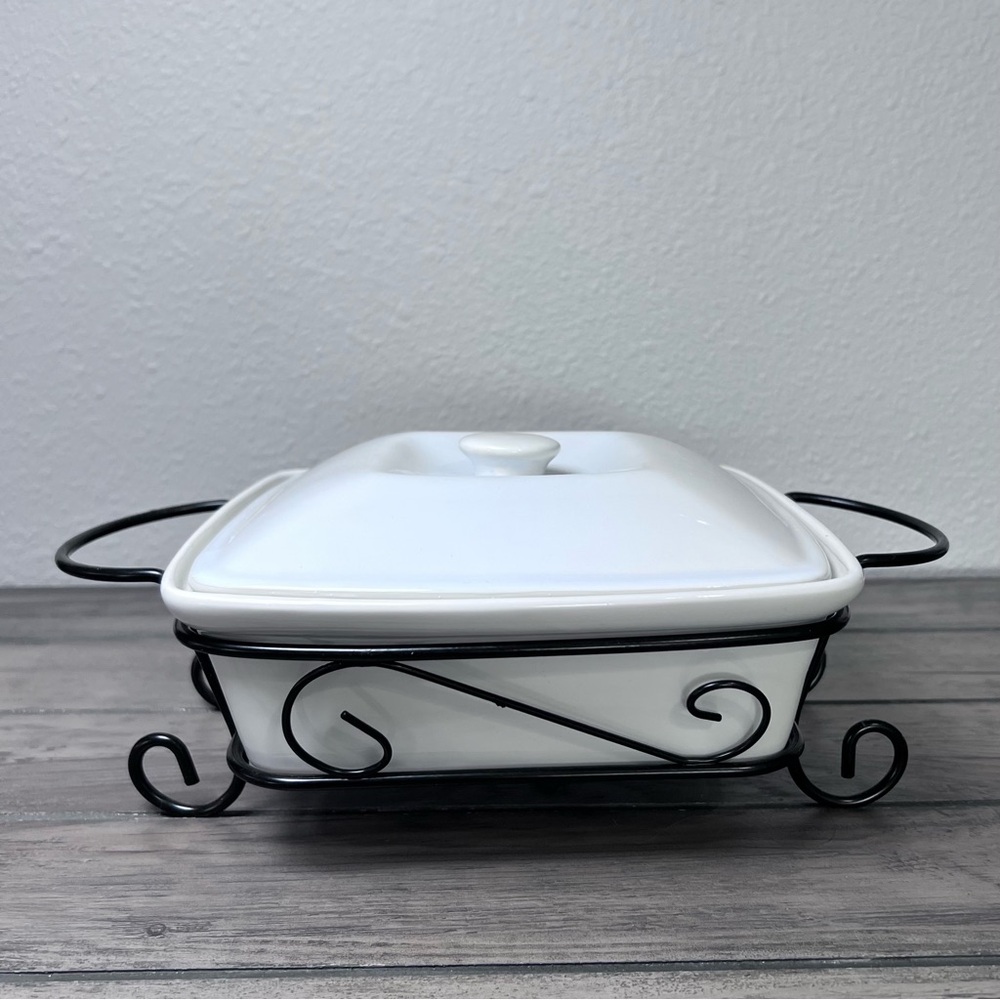 Banquet White Ceramic Casserole Baking Dish with Lid & Scrollwork Metal Stand - Picture 8 of 10